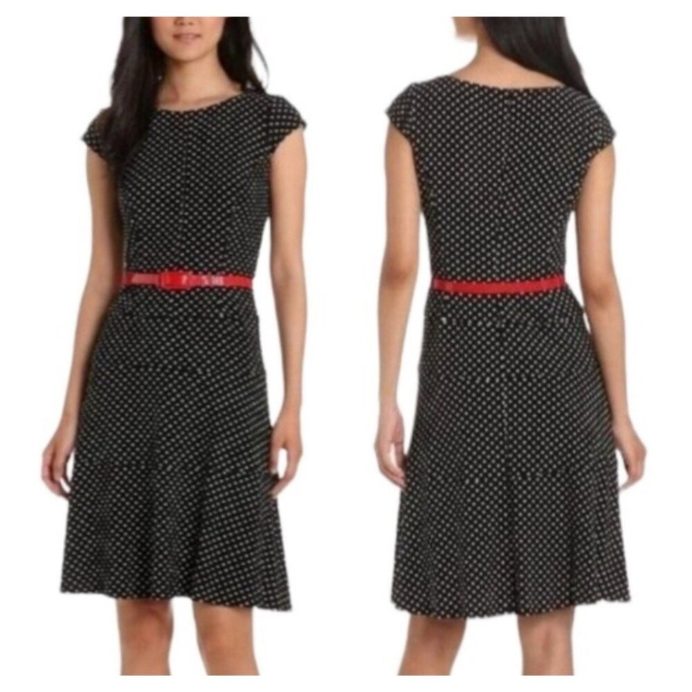 Anne Klein Dress Black White 14 Polka Dot A Line Stretch Career Church No Belt
